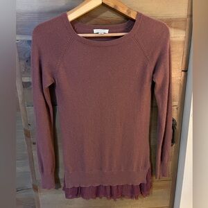 Garnet Hill Maroon/Mauve 100% Cashmere tunic sweater with lacy trim
